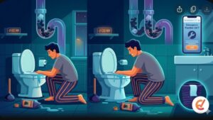 Иллюстрация забитого унитаза ночью с профессиональным сантехником, спешащим на помощь в аварийную ситуацию