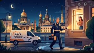 Профессиональный сантехник с инструментами спешит на аварийный вызов в ночном Санкт-Петербурге